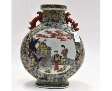 A 19th century Chinese porcelain famille vert moon flask, with opposing figural panels amidst polychrome enamels of foliage o