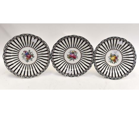 Three Coalport cabinet plates, fruit and floral painted upon a centralised panel with white ground and black symmetrical line