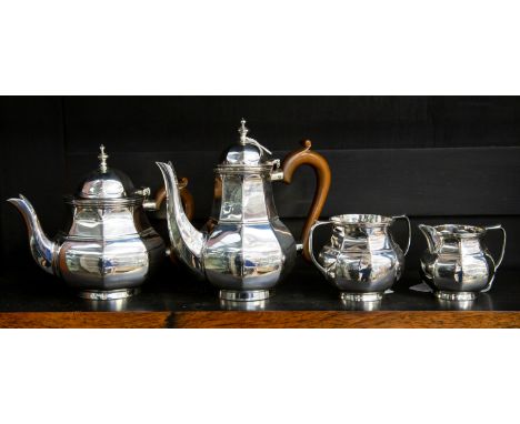 A George II style octagonal four piece silver tea & coffee service including teapot, coffee pot, milk jug and sugar bowl, wit