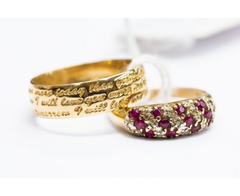 Two 9ct gold rings, comprising a diamond and ruby pave set cluster, size N1/2, along with a 9ct gold wedding band with love l