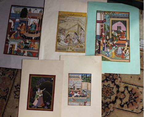 19th Century quantity lot of five mogul illustration manuscript leaves, handpainted