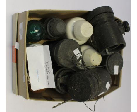  A box containing non-conducting ceramic and glass insulators for electric and telephone lines, various makes and ages