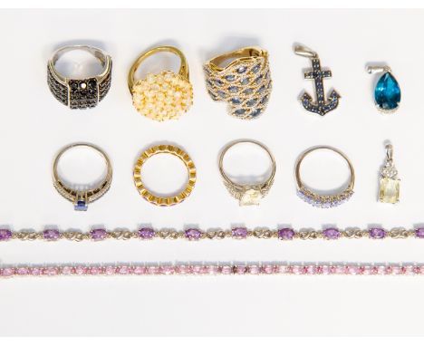 A collection of silver and stone set rings, bracelets and pendants, to include; a silver gilt Ethiopian welo opal cluster rin