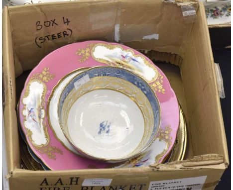 19th Century blue and white small meat plate, 34.5 cms diameter, a pair of 19th Century Masons Ironstone bird plates, another