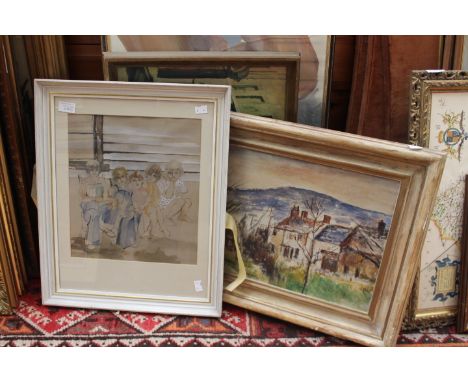 Collection of pictures to include oil on canvas of cottages with mountanous scene, contemporary feet picture, watercolour of 