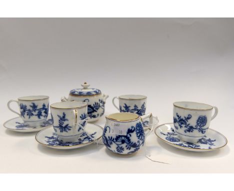 Royal Worcester blue and white four coffee cups and saucers, cream jug and sugar bowl and cover, with bamboo design to jug an