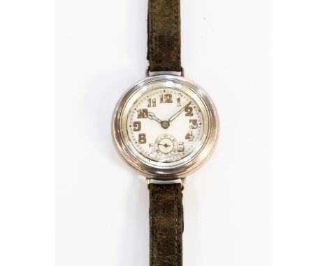 A Jean Finger patent Hermetic silver military style wrist watch, c.1920's, manual movement, having circular white enamel Arab