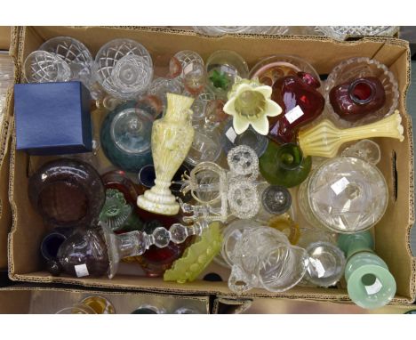 Quantity lot of coloured glassware, to include ruby glass, vaseline glass small vase, cut glass, sherry and wine glasses, jug