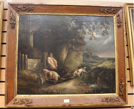 Follower of George Morland, At the Trough, bears signature and date, oil on canvas, 61 by 76cm, in a 19th Century oak and gil
