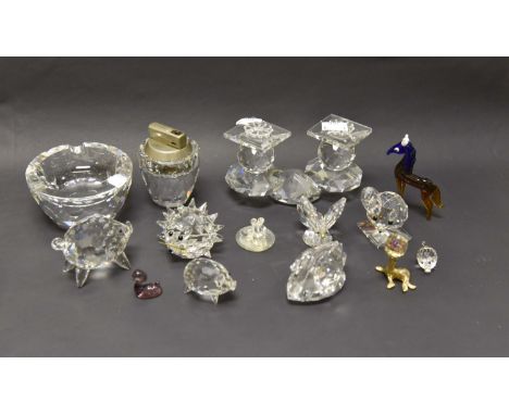 Swarovski twin candle holder with Swarovski animals, (some A/F) ash tray, cigarette lighter