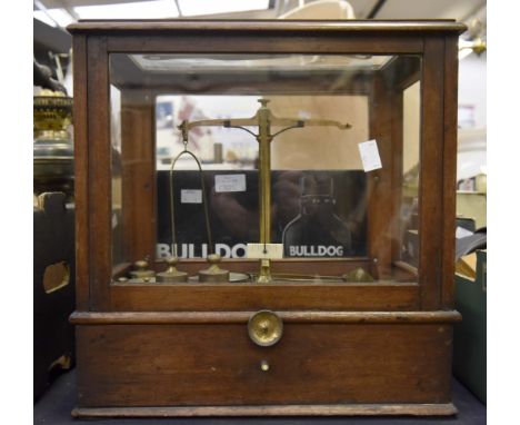 A cased set of scales with weights with 'pan release' wheel, W and J Avery - London 