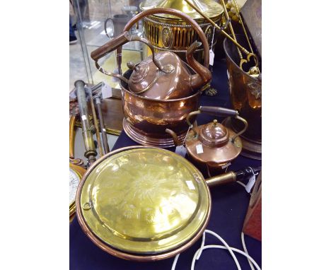 Copper bucket and kettle with acorn finial, a smaller copper kettle and a Georgian copper and brass warming pan, plus old poc