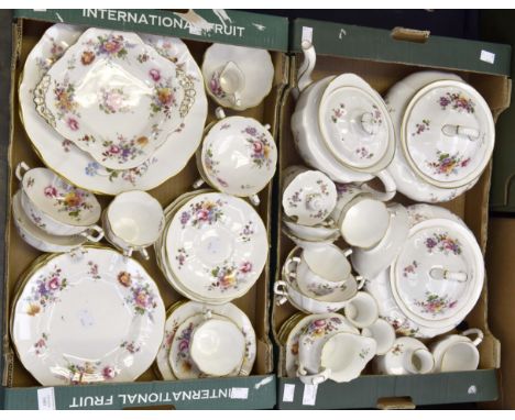 A Royal Crown Derby "Derby Posies" part dinner and tea service, comprising; teapot, two tureens, six cups, six saucers, six s