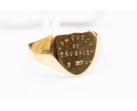 A 9ct gold signet ring, shield shape with engraved detail, size S, total gross weight approx  4gms