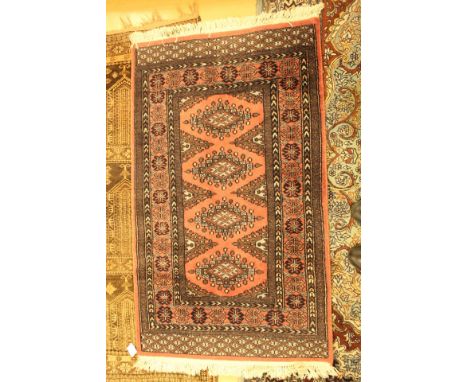 Wool prayer mat, dark red and gold tones, 110 cms x 58 cms, larger wool brown tones carpet fringe worn 144 cms x 97 cms and a
