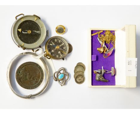 Russian compass dated 1940 together with a smaller Stesco west Germany compass, silver chased bangle, plated cased plated cuf