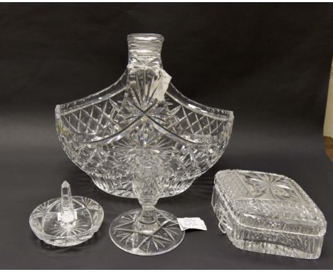 A cut glass basket circa 1930's and a dressing table set, cut glass, box and cover, candle stick and ring holder