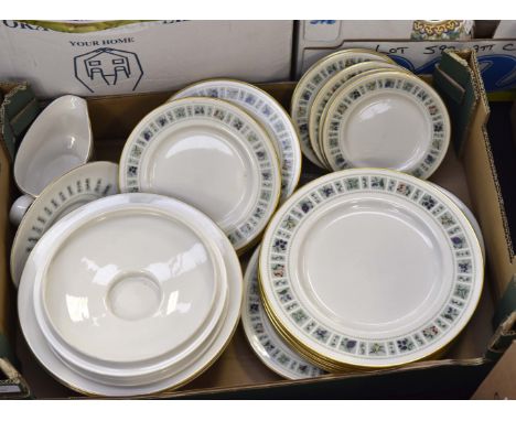 A Royal Doulton Tapestry part dinner set comprising; dinner plates, side plates, tea plates, tureens and covers, sauce boat a