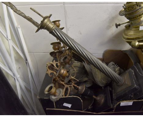 Box of metalware, scales, pair of candle sticks, two cockerels   
