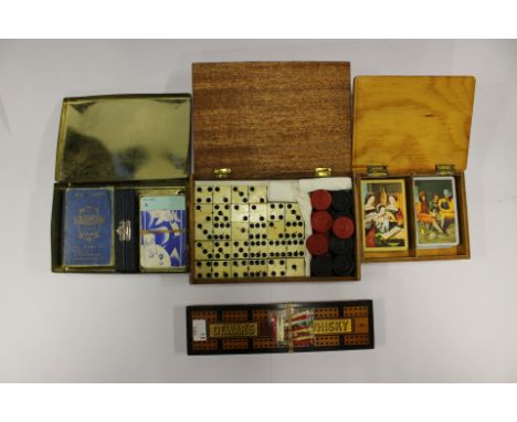 Gaming lot; dominoes, dice, cards, cribbage board etc