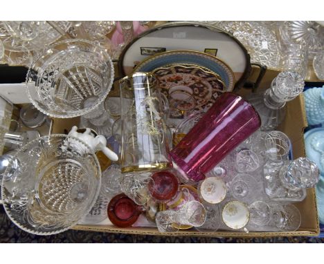 A 19th Century mallet shape decanter; cut glass cranberry glass; lemonade set; cabinet cups and saucers; Lladro animals; Roya