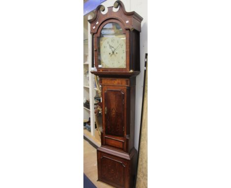  George III oak and mahogany eight day longcase clock, swan neck pediment with brass roundels, the arched square door flanked