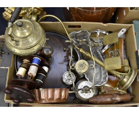 Postal scales; lamp;copper jelly moulds; oak lazy Susan; treen, brass kettle on stand, pewter  etc (1 box)