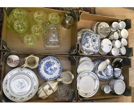 Four boxes of assorted ceramics and glassware, including Royal Doulton, Myott, blue and white, an Art Deco novelty teapot, in