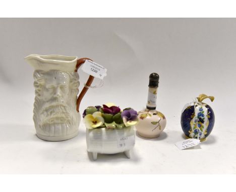 Royal Worcester porcelain fruit, small Wedgwood vase, porcelain mask jug, an Aynesly July Pansy posy vase