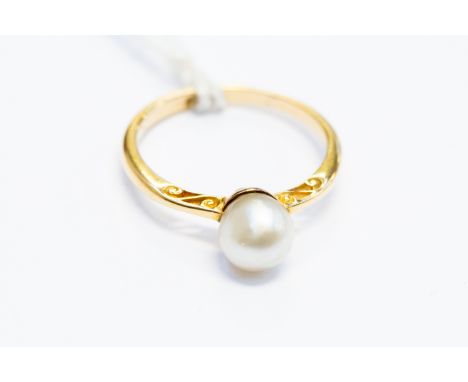 A pearl set 18ct yellow gold  ring, size N, pearl, pearl approx 7.5mm, fancy cut out scroll mount, size M, total gross weight