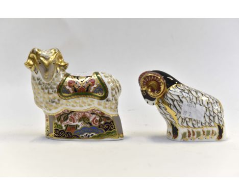 Royal Crown Derby porcelain paperweight, Imari Ram, silver button, exclusive to Royal Crown Derby and Derby Ram, gold button 