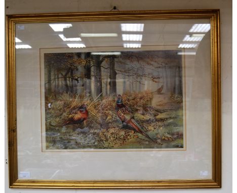Philip Rickman (British, 1891-1982), signed colour print depicting pheasants in a woodland setting, signed l.r. (partially ob