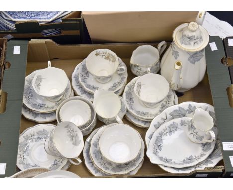 A Royal Albert "Silver Maple" part tea set comprising; teapot, four cups, ten saucers, eleven side plates, milk jugs, cream j