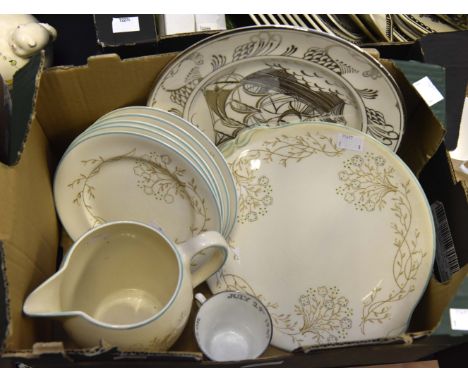 Grays Pottery; a silver, galleon plate (8½ inches) cream and painted enamel jug, plates etc, and painted cup 1947 circa (9)