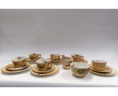 A Royal Worcester blush ware floral painted tea set for six, circa 1900, comprising of cups, saucers, side plates, milk jug a