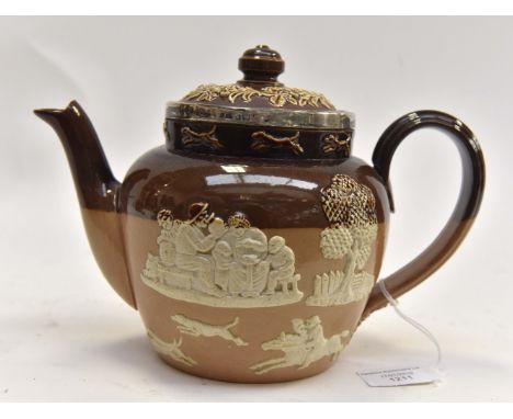 Doulton Lambeth stoneware teapot, applied drinking/hunting scenes