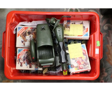 One box of assorted plastic soldiers including four boxed Airfix figures, plus Action Man Motorcycle with Sidecar.