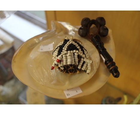 A South African tobacco pouch World War One Prisoner of War handmade rattle and mother of pearl dish 