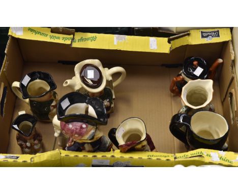 Ceramics; character/Toby jugs/teapots; Shorter to include large Long John Silver, cavalier, double faced teapot, guardsman, a