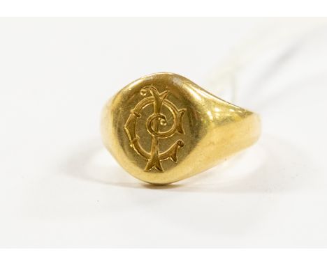 An 18ct gold signet ring, initialed to the top, size N, total gross weight approx 12gms