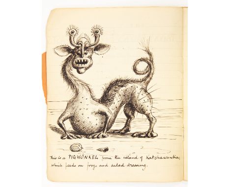 Edwardian manuscript children's book, The Pawky Pawk's Book of Beasts, illustrated with surreal ink drawings throughout. The 