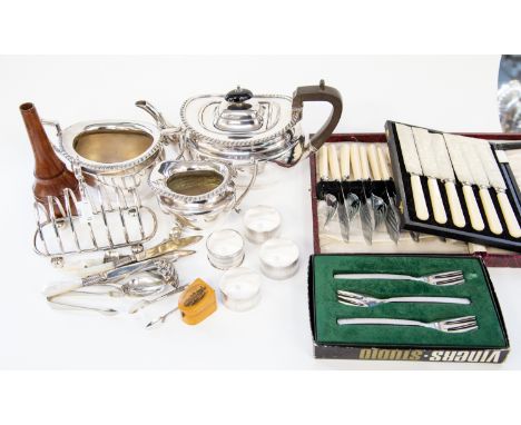 EPNS 3 piece tea service, toast rack etc, Viners Studio boxed cake forks etc (one box)