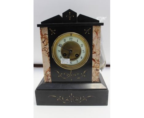 A Victorian slate and pink veined marble bracket clock with incised gilt detailing (pendulum)