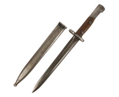 A BELGIUM BAY BAYONET with No. SA30 to the handle in original metal scabbard, 38cm long 