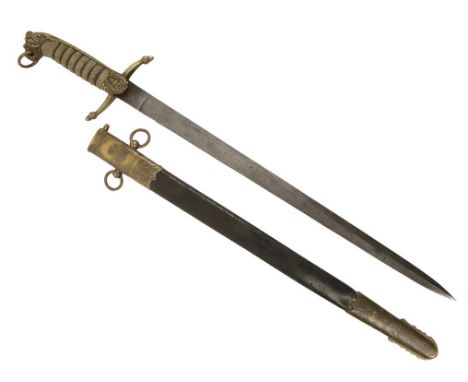 A GEORGE V NAVAL DIRK with shark grip handle and original brass and leather scabbard, 59cm long
