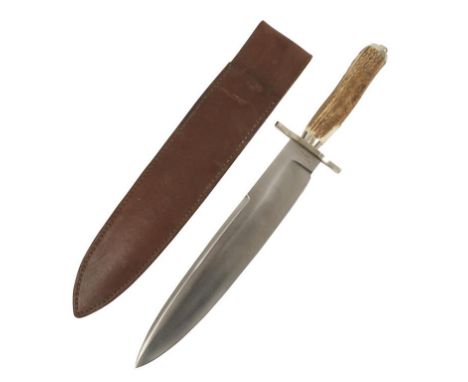 A BOWIE KNIFE by William B. Rogers of Sheffield, with antler handle and leather scabbard, 44cm long 