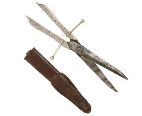 A SILVER HANDLED SCISSOR DAGGER by Thornehill, London, 1914, in leather scabbard, 18cm long 