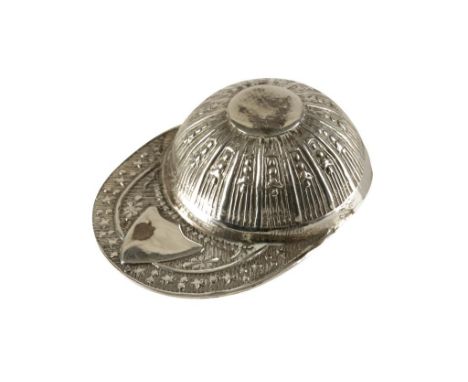 A CONTINENTAL SILVER CADDY SPOON in the form of a jockeys racing cap