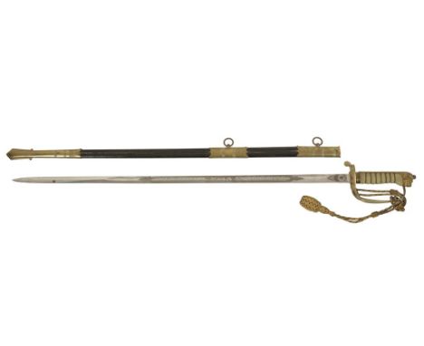 A NAVAL DRESS SWORD by E.J. Whitaker of Military Road, Chatham, with shark grip handle, brass hilt and brass and leather scab