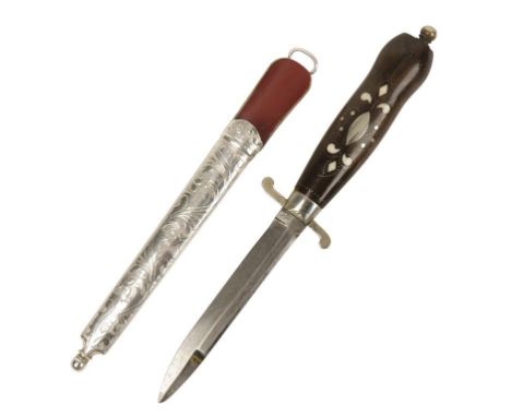 A LADIES DAGGER with rosewood and ivory inlaid handle and white metal engraved scabbard, circa 1900, 21cm long 